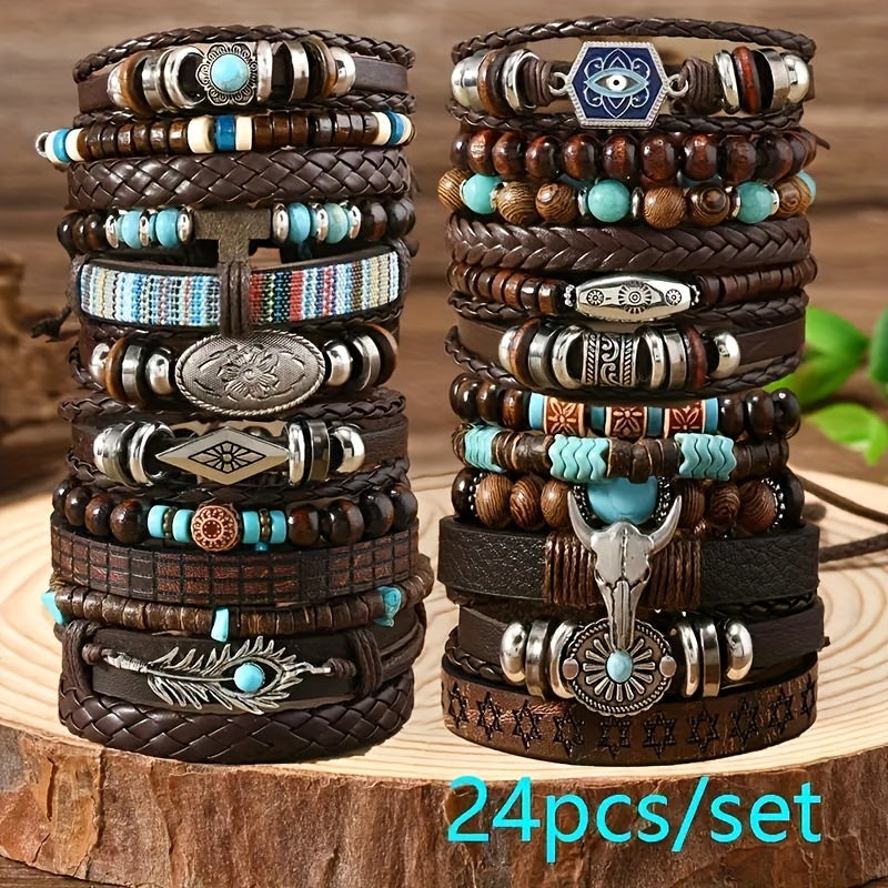 24pcs Retro Buffalo Head Turquoise Cowrie Wood Bead Bracelet Set - Brown Faux Leather with Star & Feather Pendants, Ideal Gift for Friends, Daily Occasion, Earth Day, Mother'S Day, Campus Event, Everyday Bracelet | Retro Styl
