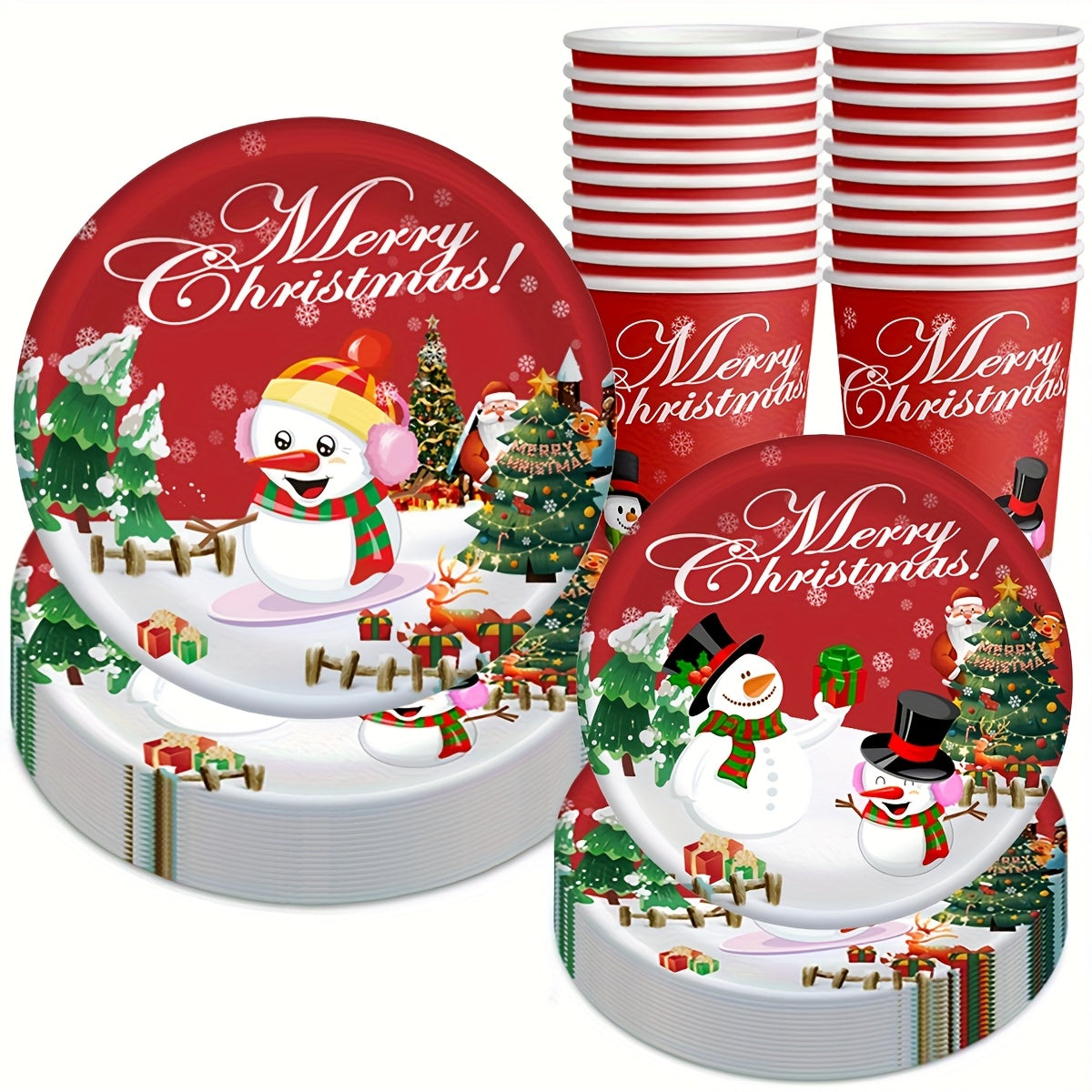 30pcs Festive Christmas Party Tableware Set - 22.86cm & 17.78cm Snowman Themed Paper Plates and Cups with "Merry Christmas" Design, Food-Safe Paper for Holiday Celebrations, Christmas Decorations, Perfect for Thanksgiving for