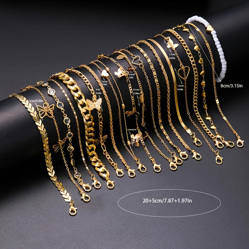 19 PCS Set Anklet Set, High-Quality Women's Ankle Bracelets with Summer Beach Style Heart Rhinestone, Butterfly, Beaded, and Rice Beads, Perfect for Ladies' Beach Party Date Gift