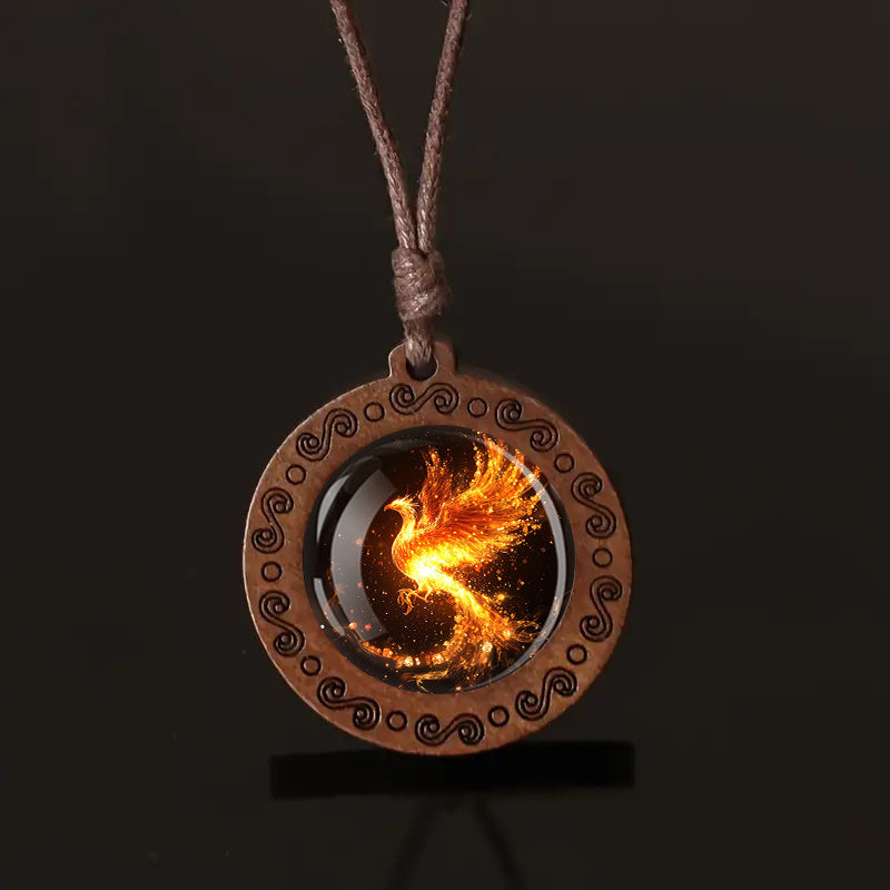 Adjustable Fire Phoenix Wooden Pendant Necklace - Vintage Boho Style, Glass Mosaic, Ideal for Daily Wear & Gifting, All-Season Accessory, Daily Wear Necklace|Vintage Boho Style|Adjustable Strap, Phoenix Jewelry