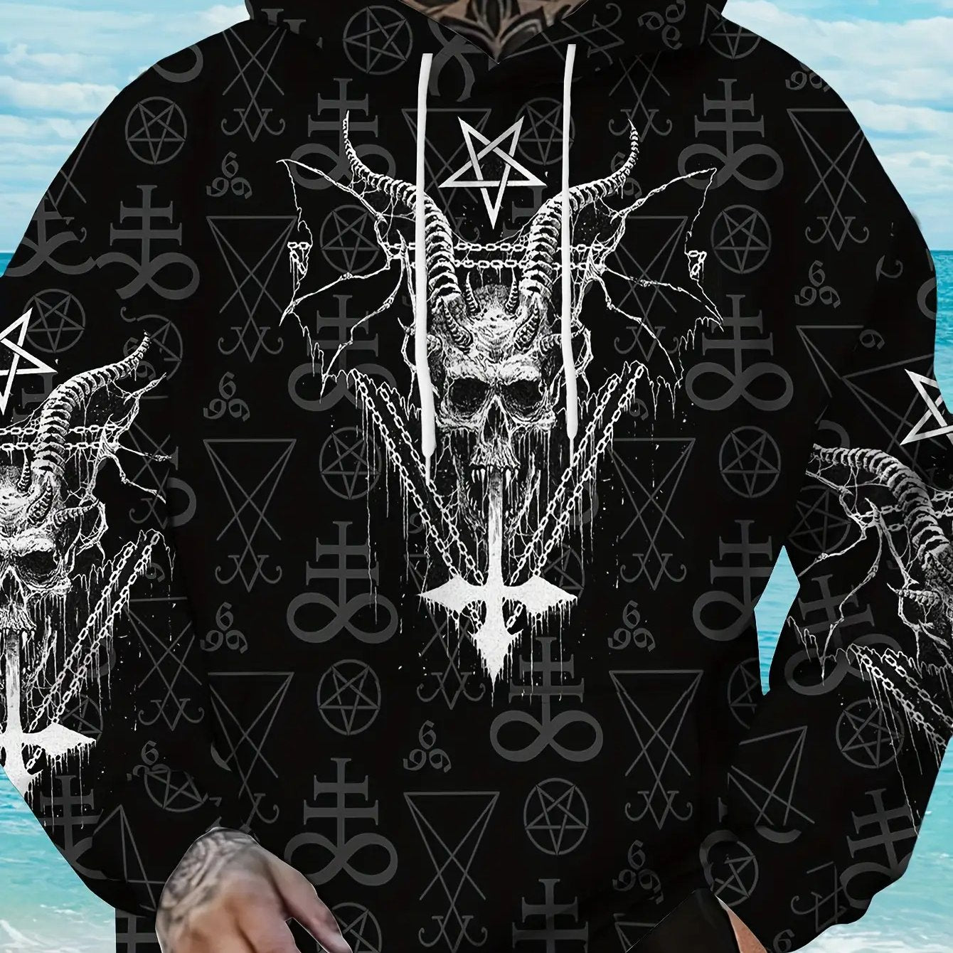 Secret Society Gothic Men's Plus Size Casual Hooded Sweatshirt with Sheep Head and Pentagram Pattern, Fashionable Trendy Long Sleeve Pullover Jacket