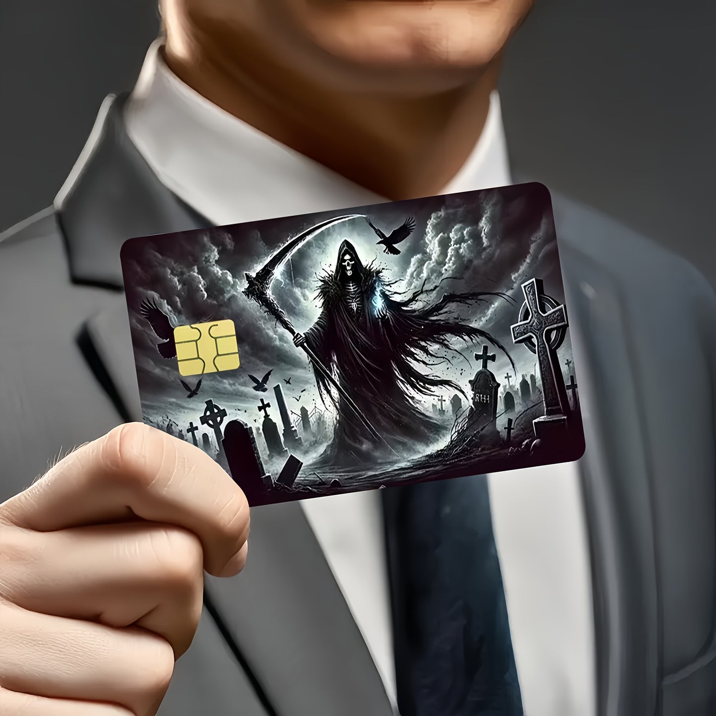 2 PCS Set Horror Death Scythe Pattern Credit Card Skins | Waterproof, Ultra-Thin, High-Quality, Scratch-Resistant, Self-Adhesive, Ideal for Credit, Bank, and Bus Cards, Perfect Gift for Friends, Plastic