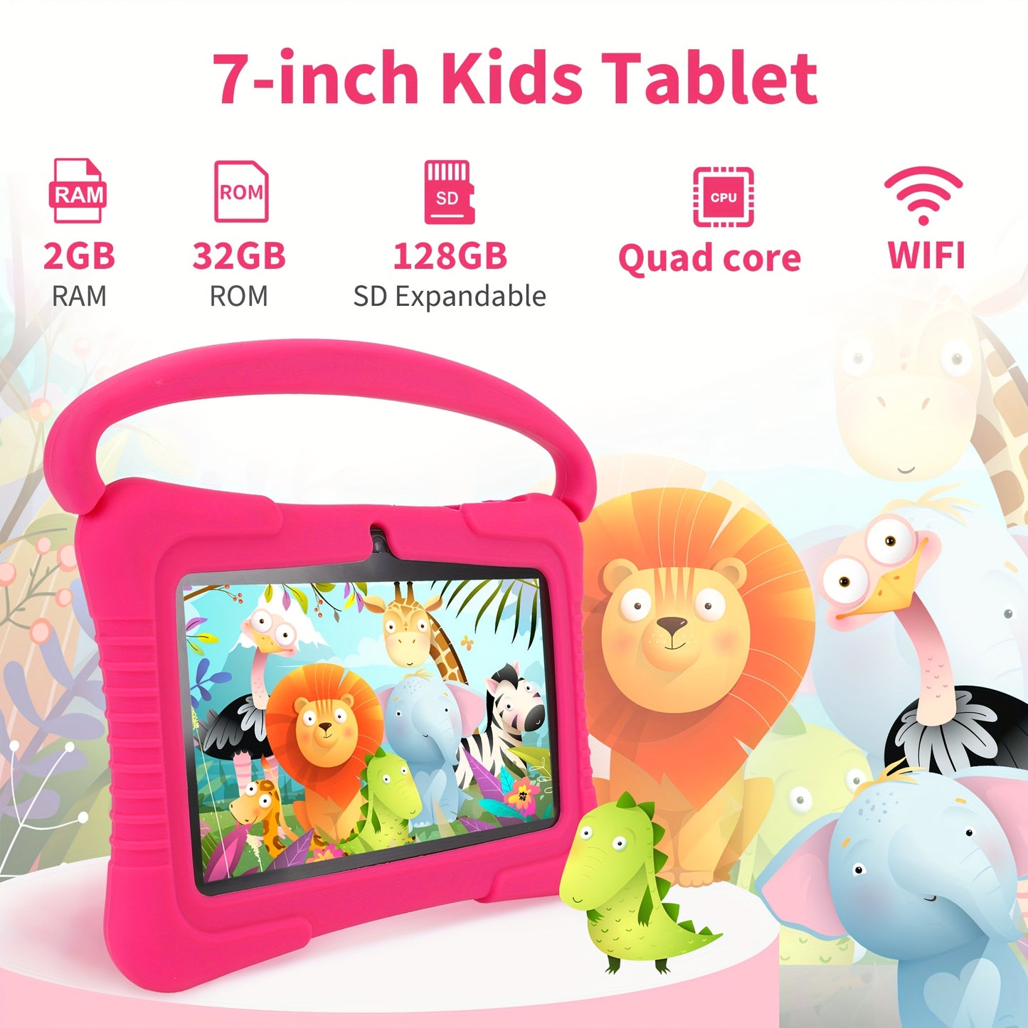7" Kids Tablet, 2GB RAM+32GB ROM, Safe Eye Protection Screen, Wi-Fi, Dual Camera, Educational Games, Parental Controls App, Android Tablet With Drop Proof Silicone Sleeve Tablet