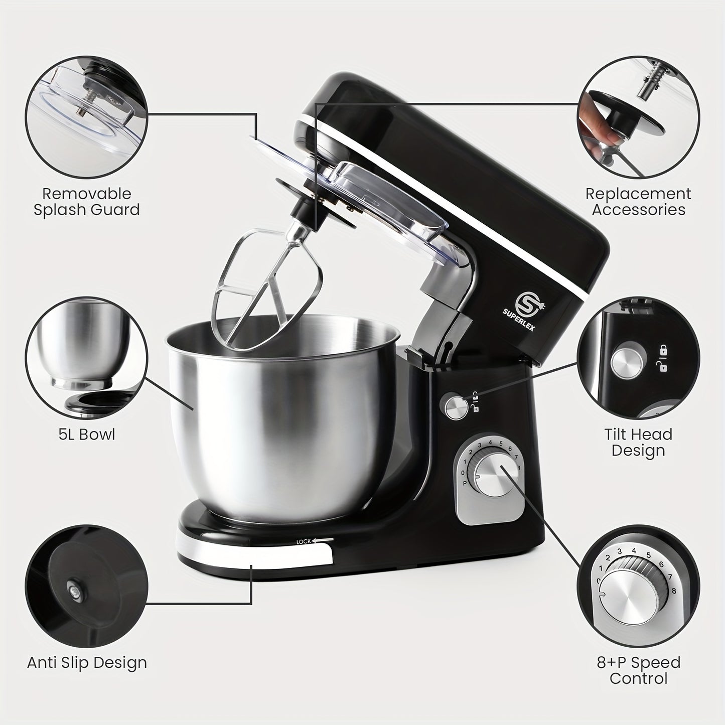 3-in-1 Stand Mixer 5L 1300W 8-Speed Kitchen Machine with Pulse, Stainless Steel Dough Hook Whisk & Eggbeater Attachments, Energy Class A+++ for Baking Cakes Bread, Black, Baking Essentials, Ergonomic Handle, Reliable Performa
