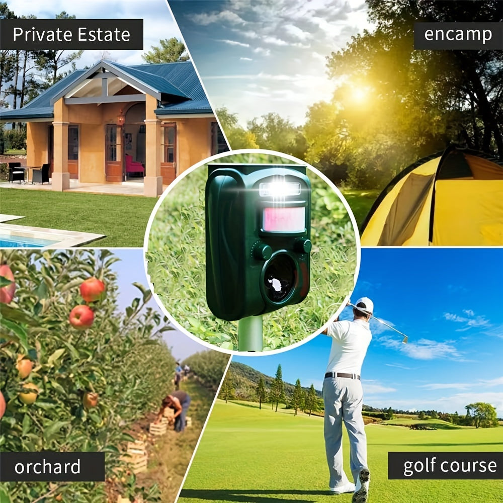 Upgrade Solar-Powered Ultrasonic Animal Repellent, Farm Home Garden Action-Sensor LED Flashlight - Waterproof IP66, Dog, Cat, Squirrel, Raccoon, Skunk, Rabbit, Rodent, Fox, Deer Repellent, 36.83x10.92x5.33 cm, Outdoor Securi