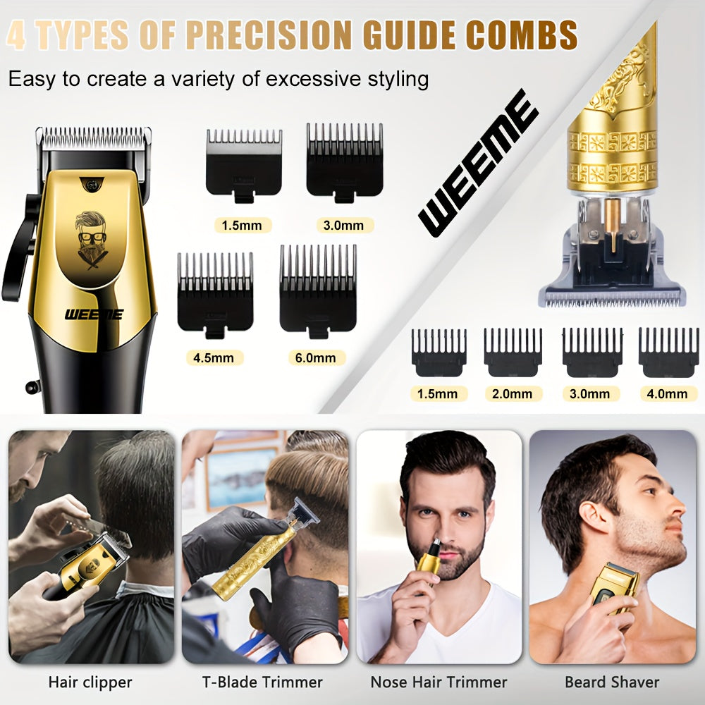 4pcs Men's Golden Electric Hairdresser Set, Household Beard Building Kit. Electric Hair Clipper + Electric Shaver + Electric Nose Hair Trimmer + Fine Trimmer. Used for Home, Car and Travel. Gifts for Fathers, Husbands, Sons,
