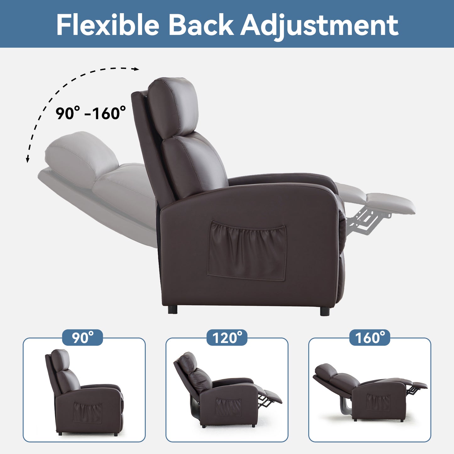 Push Back Recliner Chair Bed , Single Sofa with Lumbar Support, Padded Backrest, Side Pocket and Adjustable Leg Rest for Home Living Room