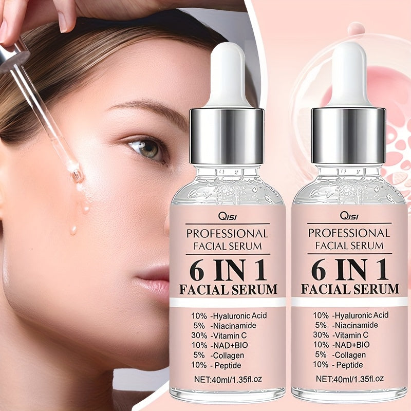 This Set Includes 2 Bottles of 6 IN 1 Facial Serum, Featuring Hyaluronic Acid, Collagen, Niacinamide, Peptides, And NAD+BIO. It Offers a Firming And Moisturizing Formula Suitable for All Light Skin Tones, Is Non-Irritating, A