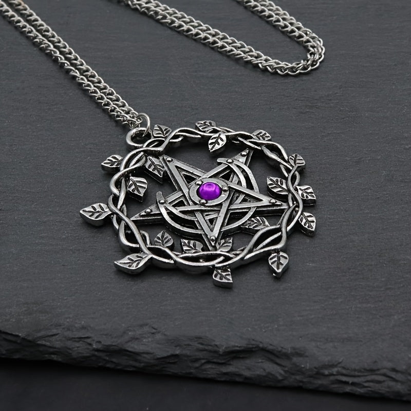 Vintage Pentagram Leaf Mosaic Purple Gemstone Pendant Necklace Women Fashion Wedding Party Gothic Jewelry Gifts