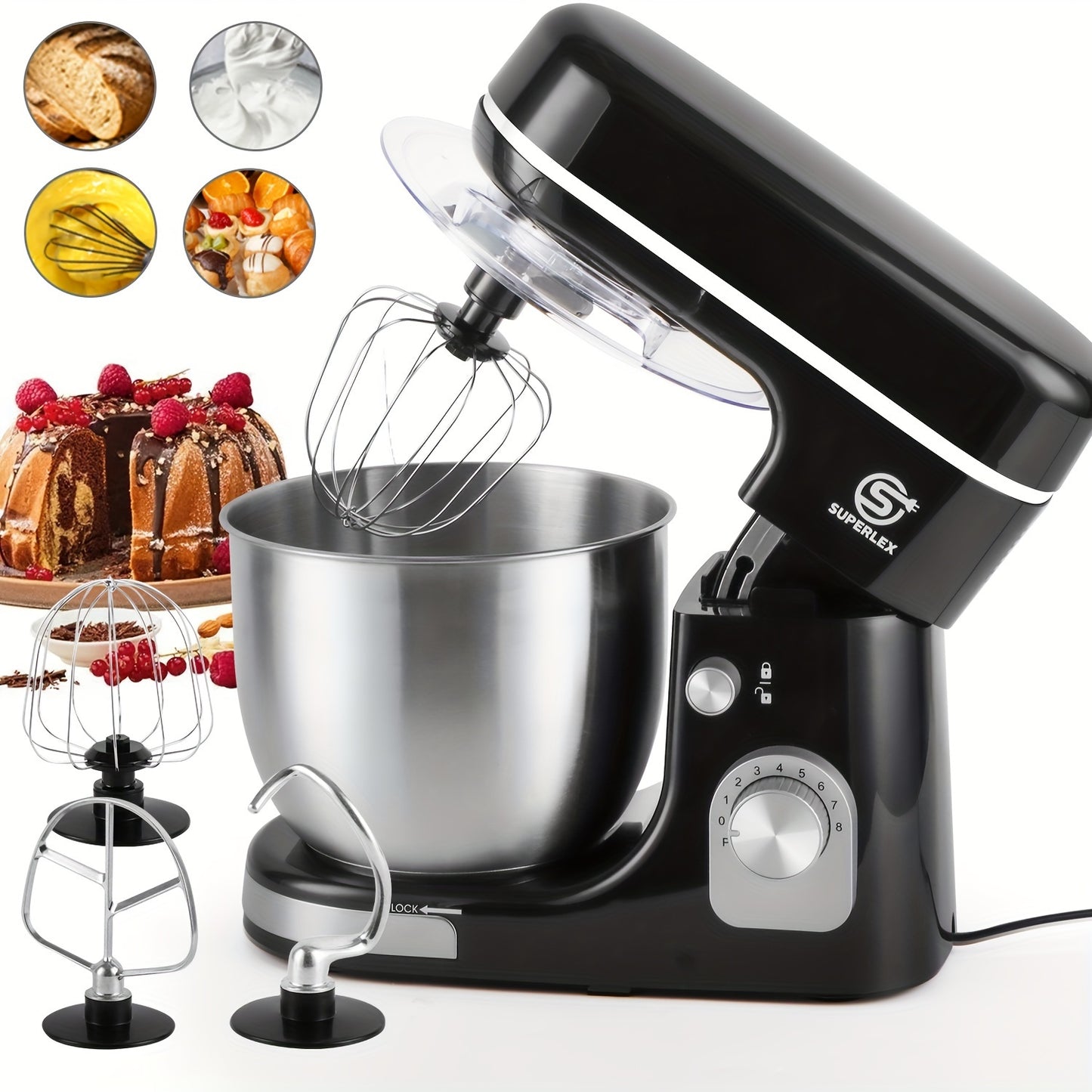 3-in-1 Stand Mixer 5L 1300W 8-Speed Kitchen Machine with Pulse, Stainless Steel Dough Hook Whisk & Eggbeater Attachments, Energy Class A+++ for Baking Cakes Bread, Black, Baking Essentials, Ergonomic Handle, Reliable Performa