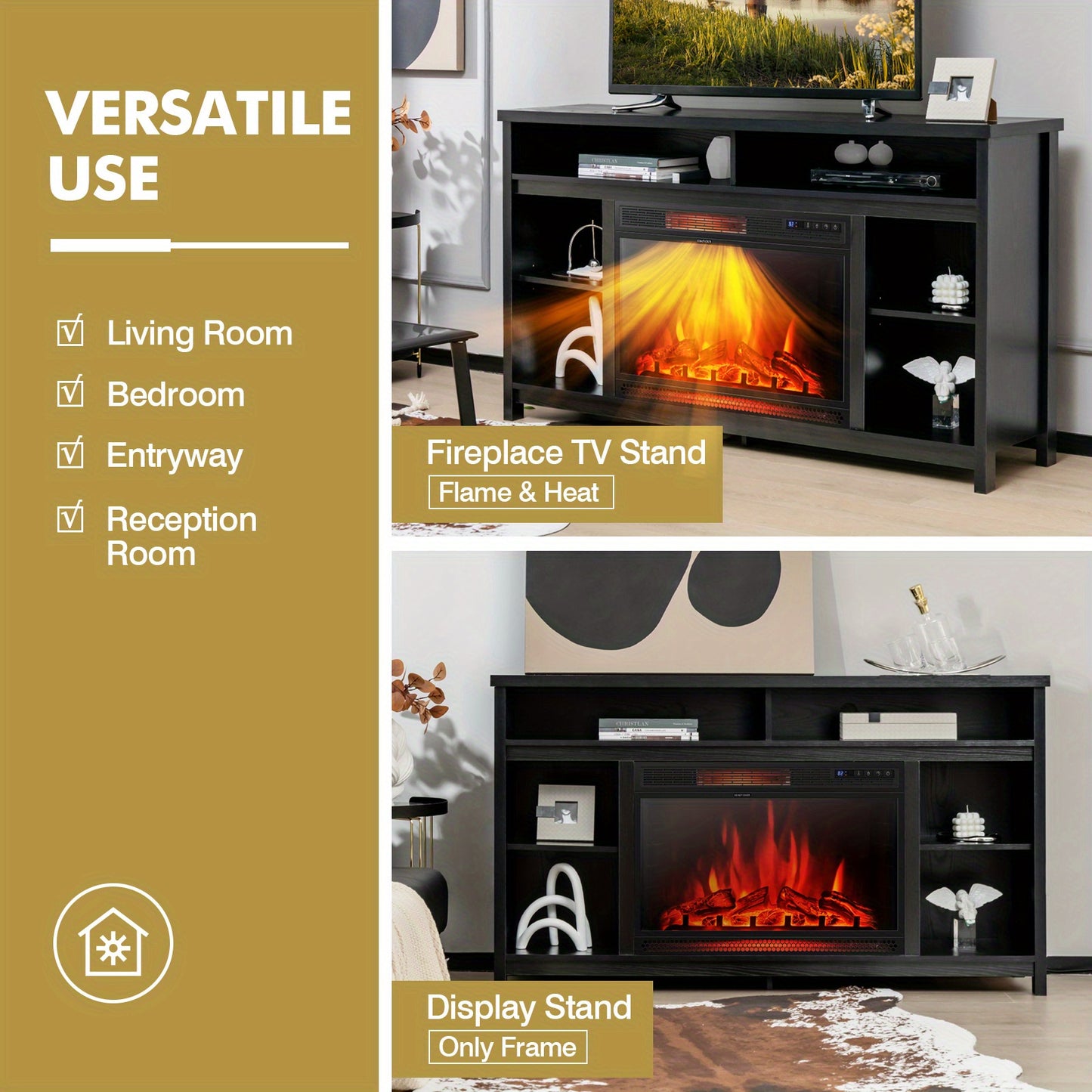 TV*s up to 165.1cm Modern Media Console Table with Adjustable Fireplace Shelf & Cable Management - Engineered Wood TV Stand, Compatible with 71.12cm Fireplaces, 2-Tier Shelves, Spacious Entertainment Center for Living Room,