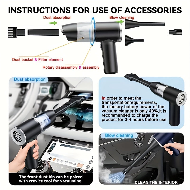 NEW Arrivals Car Vacuum 15000Pa Powerful Suction Handheld Portable with Fast Charging, - Cord-Free Operation, Quiet 80dB, Flat Suction Head & Crevice for Car,, Pet Hair Removal, Car Interior Cleaning ( Charging