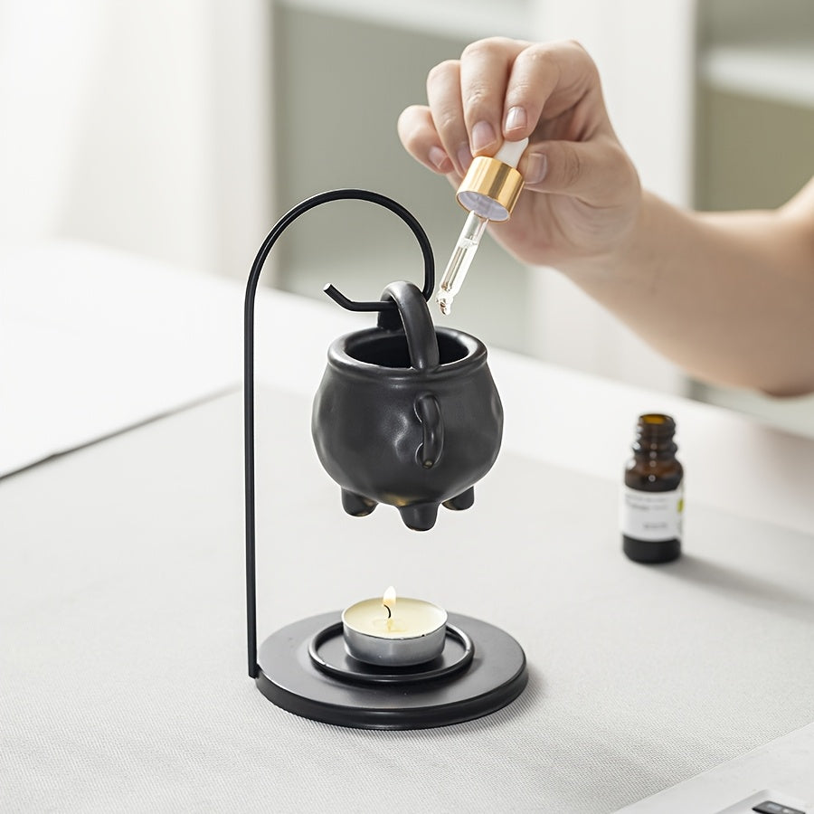 Ceramic Essential Oil Lamp, Ceramic Lamp, Hanging Pot Candle Heater, Decorative Warm Night Light for Living Room, Bedroom, Office, Diffuser, Essential Oil Holder, Stove, Black