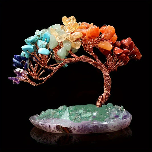 Natural Stone & Artificial Crystal Seven Chakra Money Tree - Solid Colorful Gemstone Tree with Golden Branches, Wealth-Attracting Decor for Home, Office, or Gift, Office Decoration, Elegant Decor, Detailed Craftsmanship