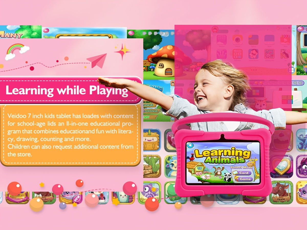 7" Kids Tablet, 2GB RAM+32GB ROM, Safe Eye Protection Screen, Wi-Fi, Dual Camera, Educational Games, Parental Controls App, Android Tablet With Drop Proof Silicone Sleeve Tablet