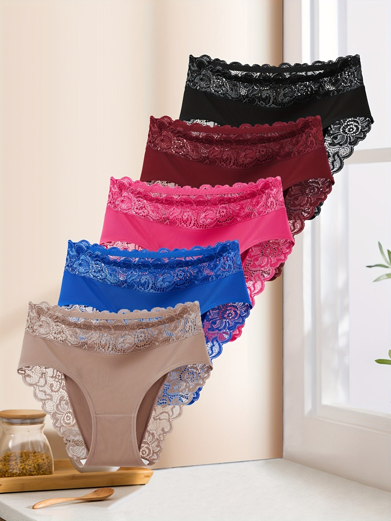 5pcs UK Size Women's Elegant Lace Spliced Triangle Panties - Breathable Mid-Rise Bikini Briefs, Romantic Holiday Fashion, Solid Color, Comfortable & Stylish, Everyday Underwear | Elegant Lace Detail | Smooth Texture Fabric
