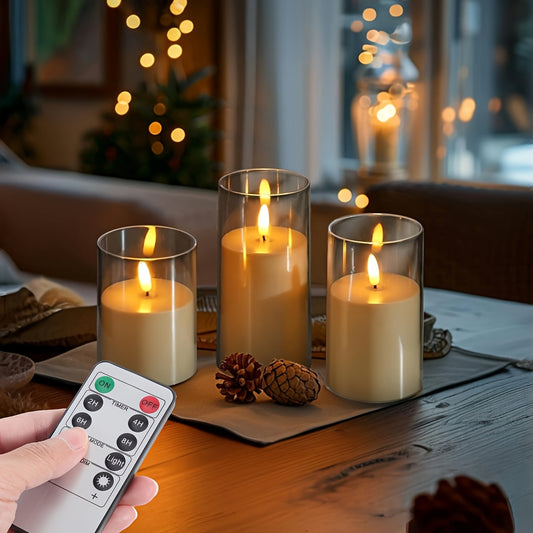 3 PCS Set 3D Wicking Flameless Column LED Candles with Remote Timer, Battery Powered 3pcs White Real Wax Candles Set with Realistic Flickering Flames for Night Bed Party, Wedding, and Home Decoration