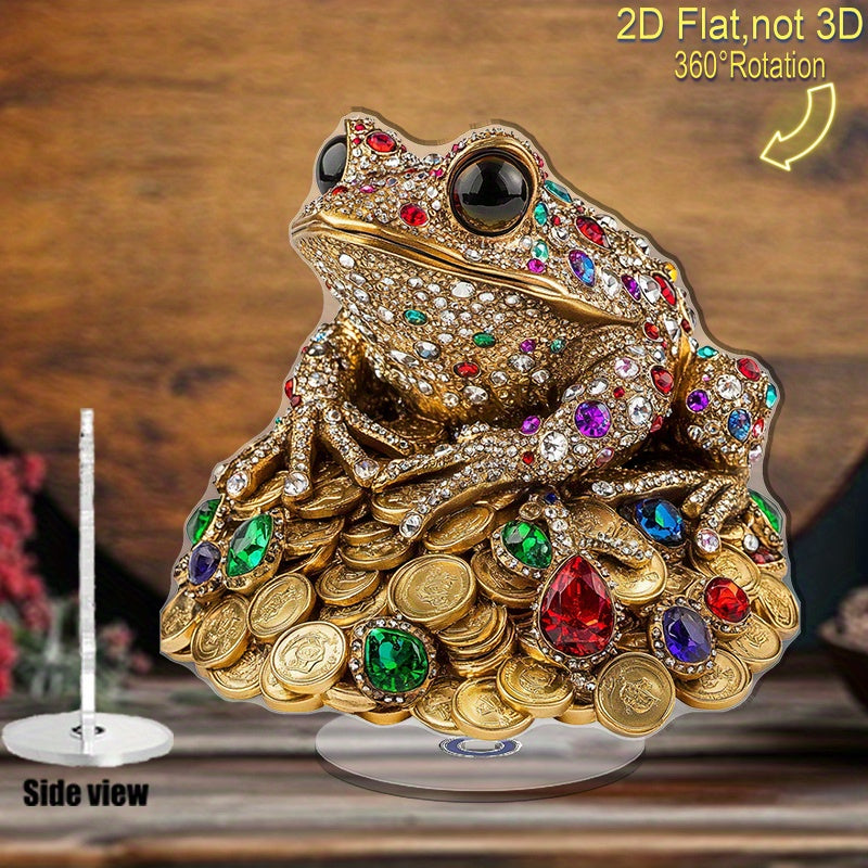 NEW Arrivals 2D Flat, 2D Flat Print Rotate Acrylic Ornament Featuring A Mesmerizing Jeweled Frog Atop Gleaming Golden Coins Ideal for Elevating Your Home Decor Gifting for Special Occasions Or Unique Celebrations