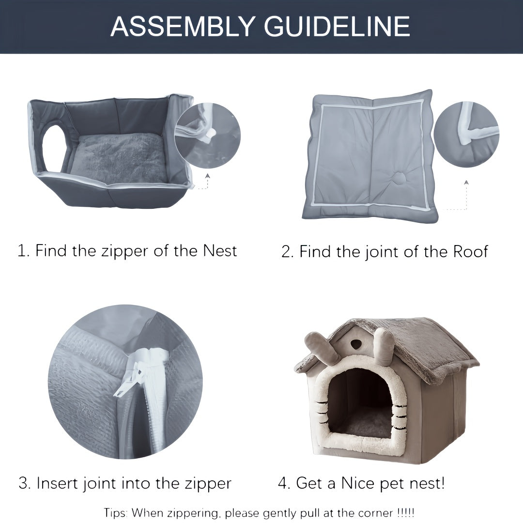 Cozy Pet House for Cats & Dogs - Detachable, Washable Winter Bed | Soft Polyester Cat Cave Nest with Classic Style