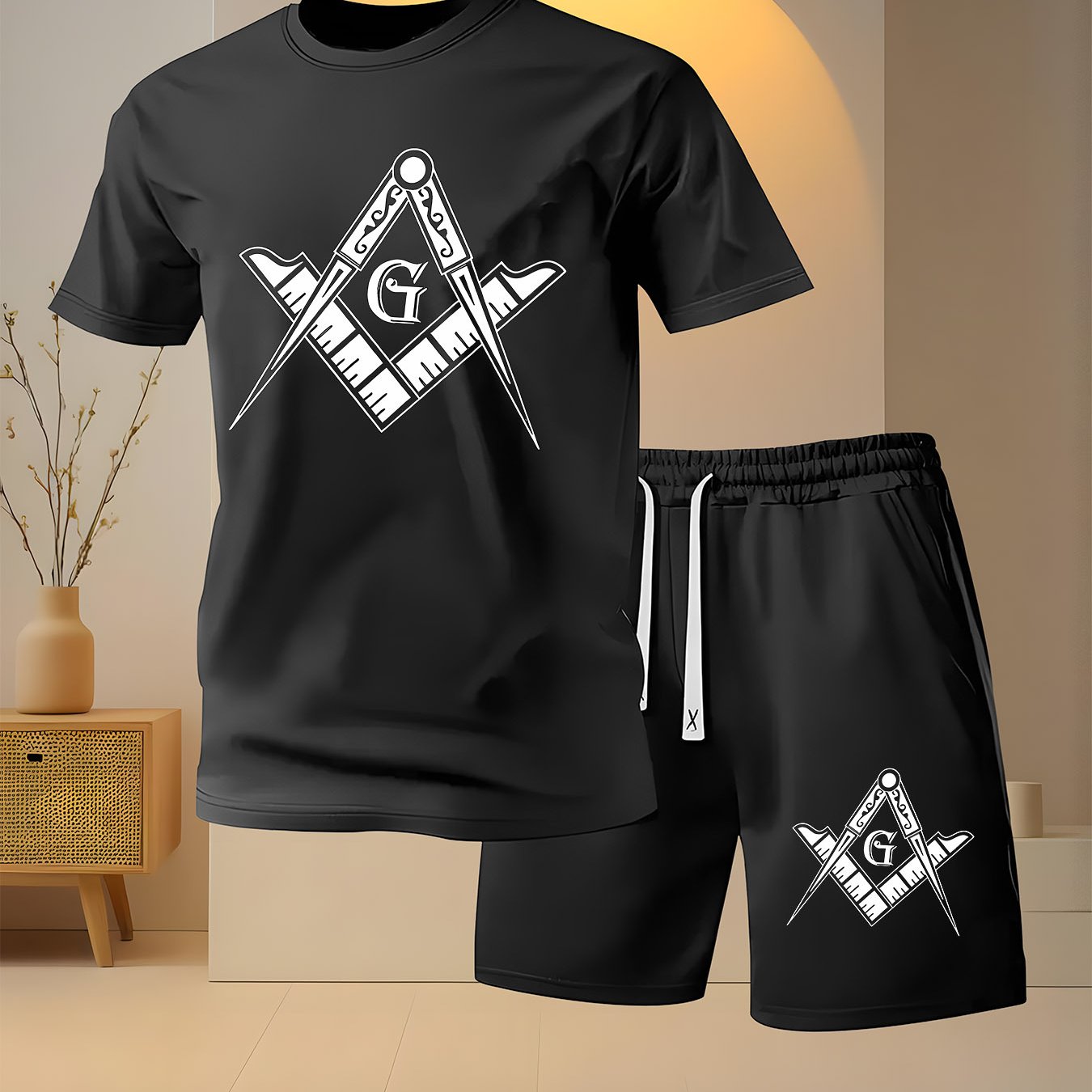 2 PCS Set Freemasonry Logo Print Men's Fashion Casual, Round Neck Short Sleeve T-Shirt and Drawstring Shorts Spring Summer Sportswear Outfit