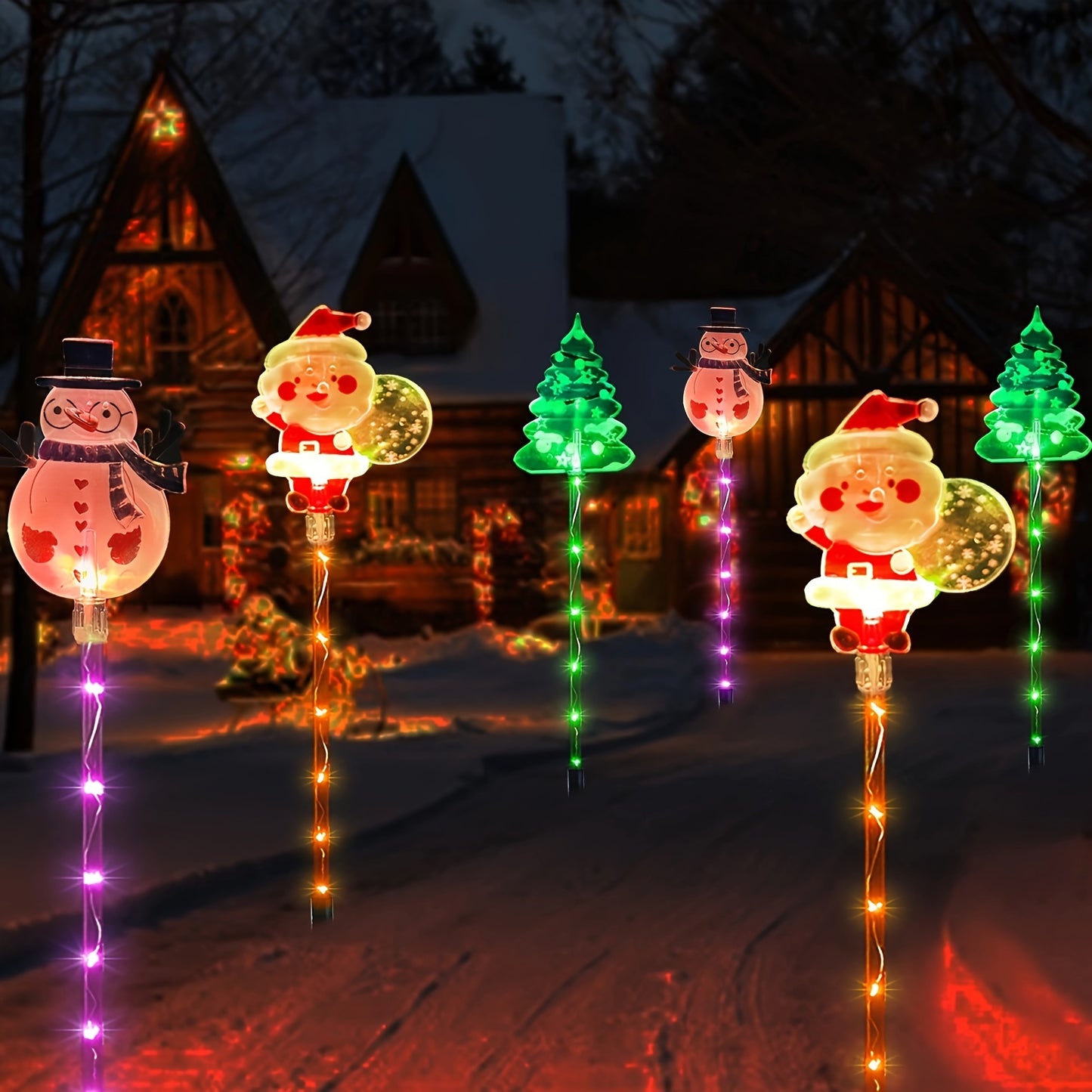 NEW 6pcs Outdoor Christmas Stake Lights with Multicolor, 8 Lighting Modes & Solar Panel - Santa, Snowman, Tree Designs for Garden, Lawn, Fence - Plug-in not recommended for these lights (Compatible with Solar Systems)