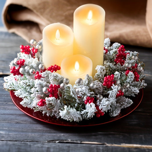 Christmas Wreath with Holly and Berries, Plastic Tabletop Candle Holder, No Electricity Needed, Ideal for Holiday and Home Decor, Festive Table Centerpiece|Wreathed Candle Holder|Plastic Wreath, Candle Holder Decor