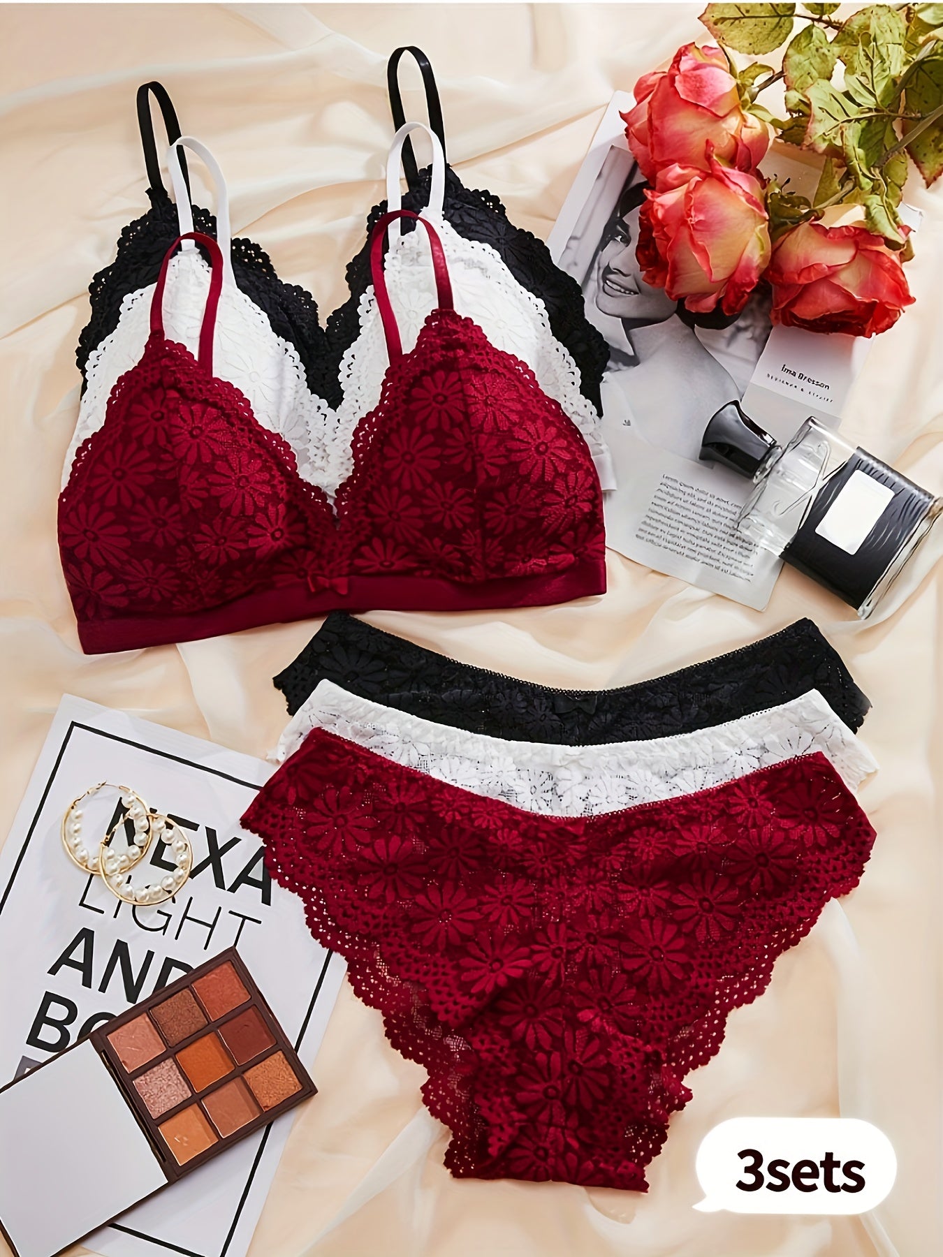 3pcs Women'S Lingerie Set - Red & Black Contrast Lace Bra with Floral Pattern, Matching Panties, and Garter Belt - Comfortable, Breathable, and Stylish Underwear for Casual Attire, Lingerie Sets