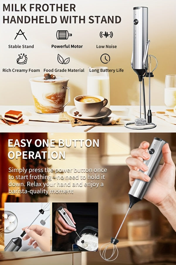 Rechargeable Electric Milk Frother, Handheld Foam Maker Whisk with 2 Heads 3 Speeds Drink Mixer, Built-in Mixing Heads for Both Milk Beaters And Egg Beaters, Quick Foaming Coffee Whisk for Coffee, Latte, Wedding Gifts, Portab