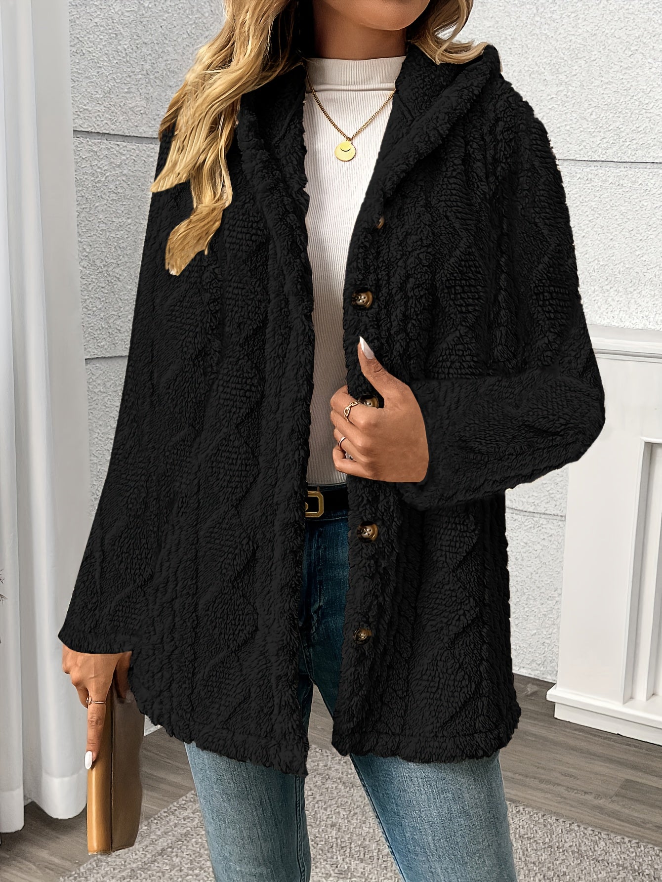 4 Colors Women's Elegant Rhombus Texture Hooded Teddy Bear Jacket - All-Season Button-Front Coat with Side Pockets, Soft Plush Fabric, Machine Washable, Versatile Casual to Formal Outerwear, Everyday Comfort Wear, Durable But