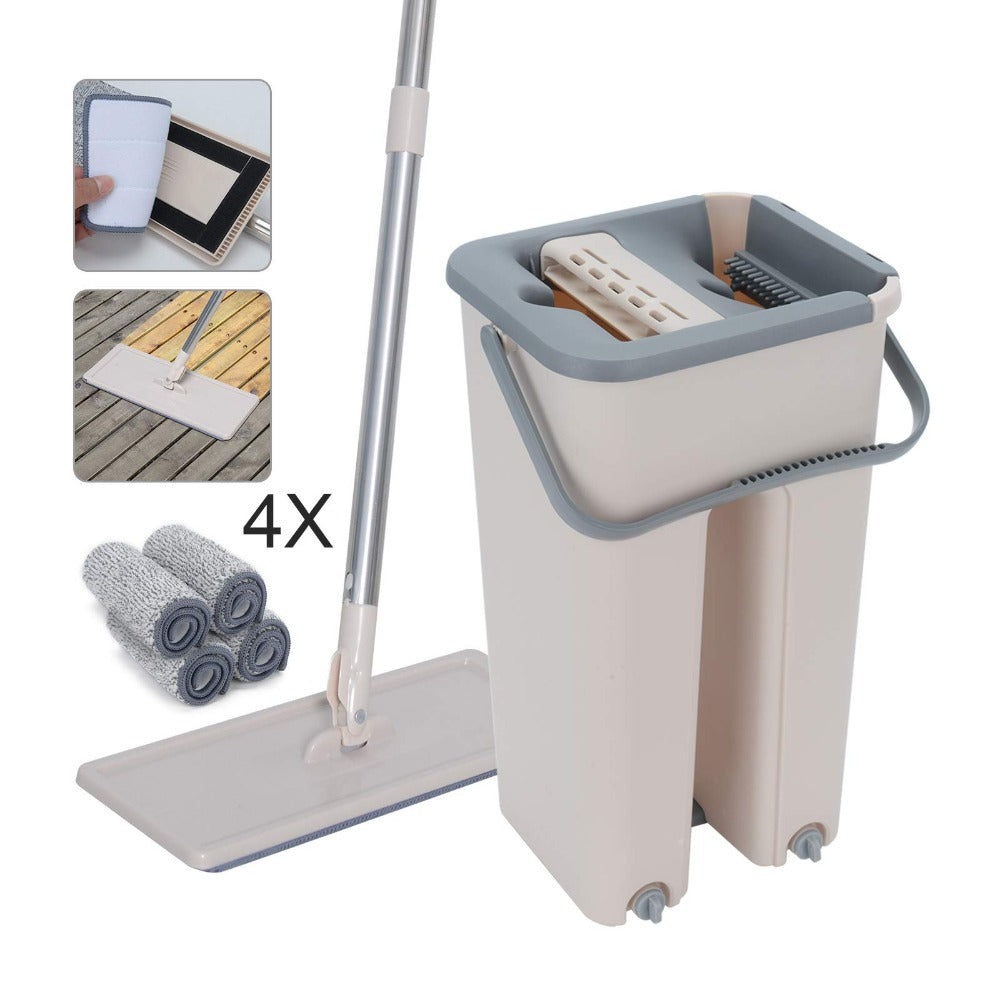 360° Flat Mop Set + 4 Squeeze Microfiber Mop and Bucket Set Floor Mop and Bucket System Set Mop Home Floor Tiles Cleaning Wet Dry Cleaning Buckets for Floor Cleaning