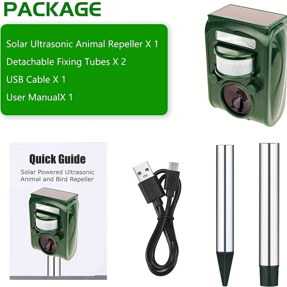 Upgrade Solar-Powered Ultrasonic Animal Repellent, Farm Home Garden Action-Sensor LED Flashlight - Waterproof IP66, Dog, Cat, Squirrel, Raccoon, Skunk, Rabbit, Rodent, Fox, Deer Repellent, 36.83x10.92x5.33 cm, Outdoor Securi