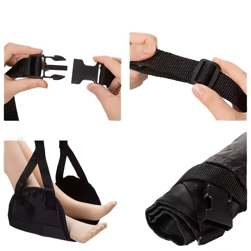 Airplane Travel Black Footrest Portable Adjustable Strap for Travel Lightweight Desk Hammock Leg Rest for Airplanes, Offices, Outdoors, and Cars.