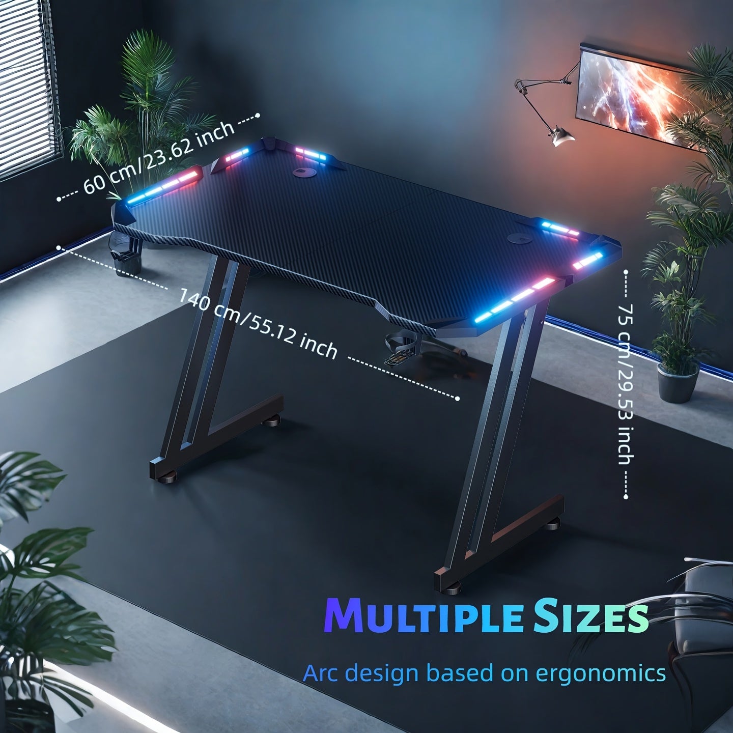 NEW RGB Gaming Black Desk Full Set with LED Lights and Mouse Pad, Large Ergonomic Computer Desk with Cup Holder & Headphone Hook, Modern Carbon Fiber Design for PC Gaming & Home Office
