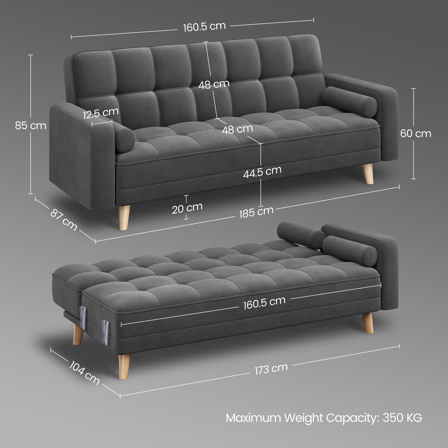 Office Living Room Convertible Sofa Bed, Sofa Bed Velvet Convertible Sofa Bed 3 Seater Futon Sofa Bed with 2 Bolster Pillows and 3 Adjustable Back Angles for Apartments, Dens, Guest Rooms, Spare Rooms, Offices, and Lounges, M