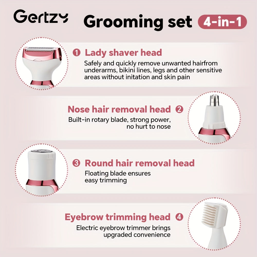 4-In-1 Set Rechargeable Electric Shaver for Women - Trimmer for Face, Nose, Legs, Underarms, And Bikini Area - Suitable for Wet And Dry Use, Pain-Free Grooming Set - Compact And Rechargeable, Perfect Gift