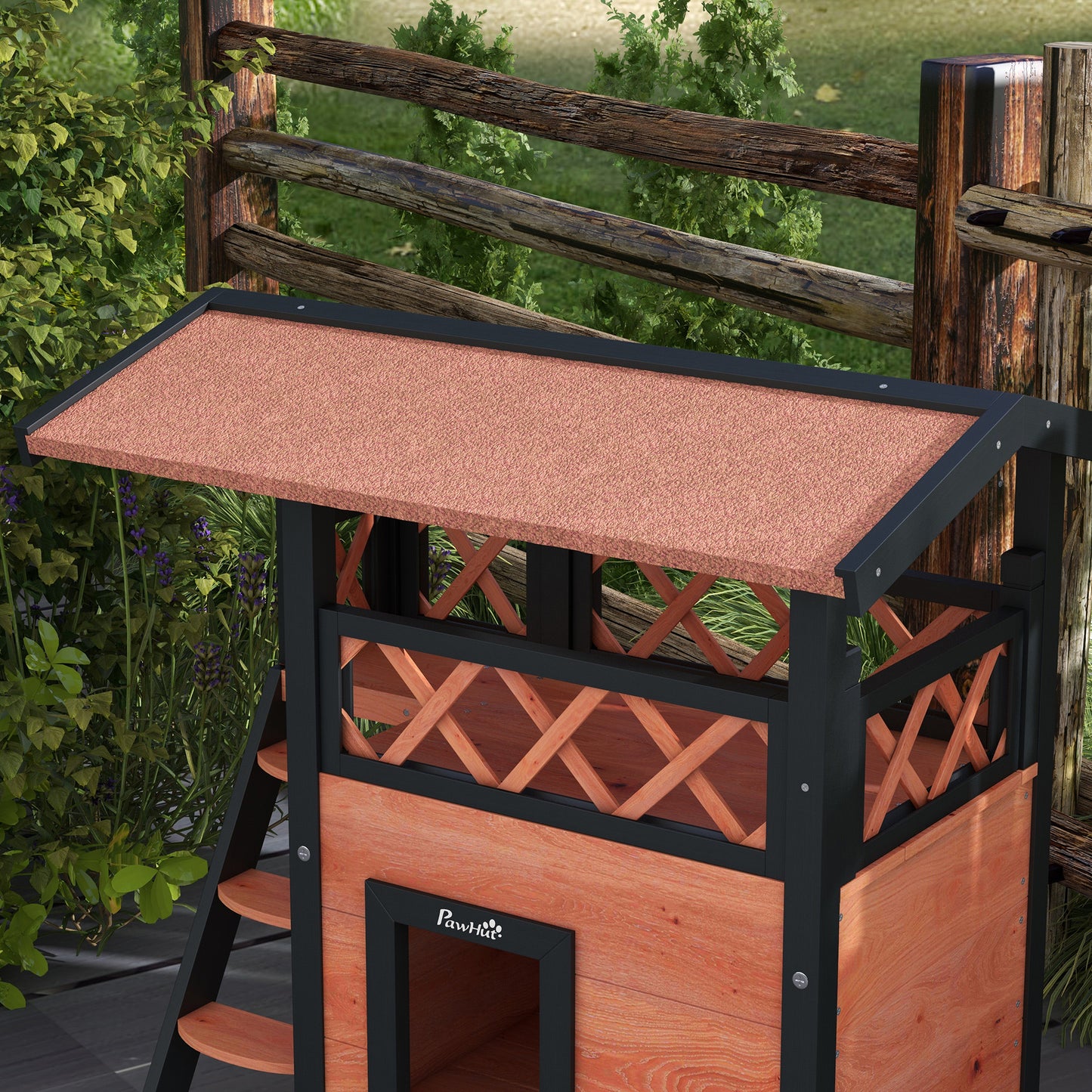 Outdoor Cat House Kitten Shelter Puppy Kennel with Balcony Stairs Asphalt Roof, 77 x 50 x 73 cm
