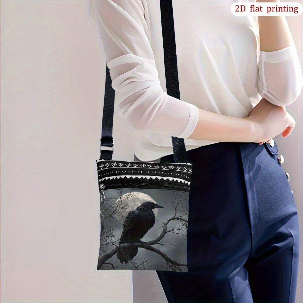 NEW Black Raven Moon Night Crossbody Bag with Adjustable Strap & Zipper Closure - Gothic Moon & Raven Print Handbag, Durable Casual Purse Suitable for Wedding Party Favors, Beach Trips, Daily Use - Stylish Gift for, 2D Flat