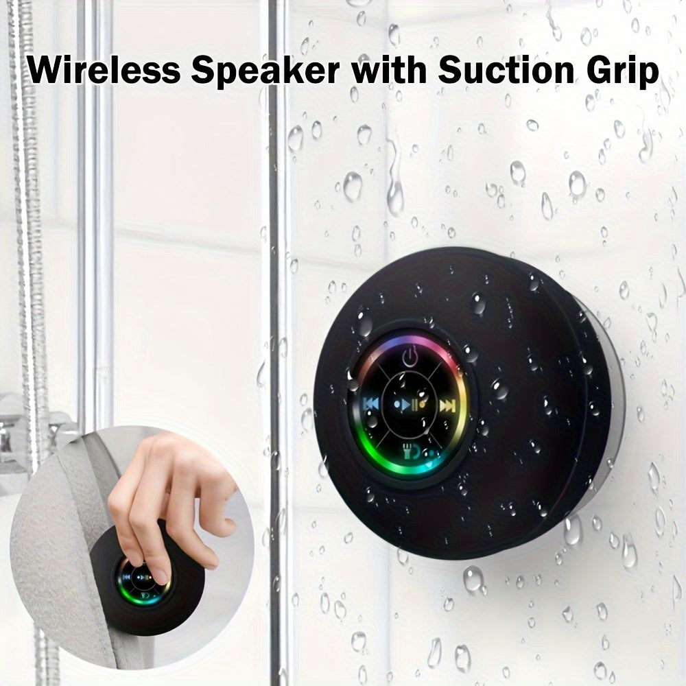 LED Bathroom Speaker, Compact Wireless Mini Speaker with USB Charging, Battery, Button Control, And a Large Suction Cup Included