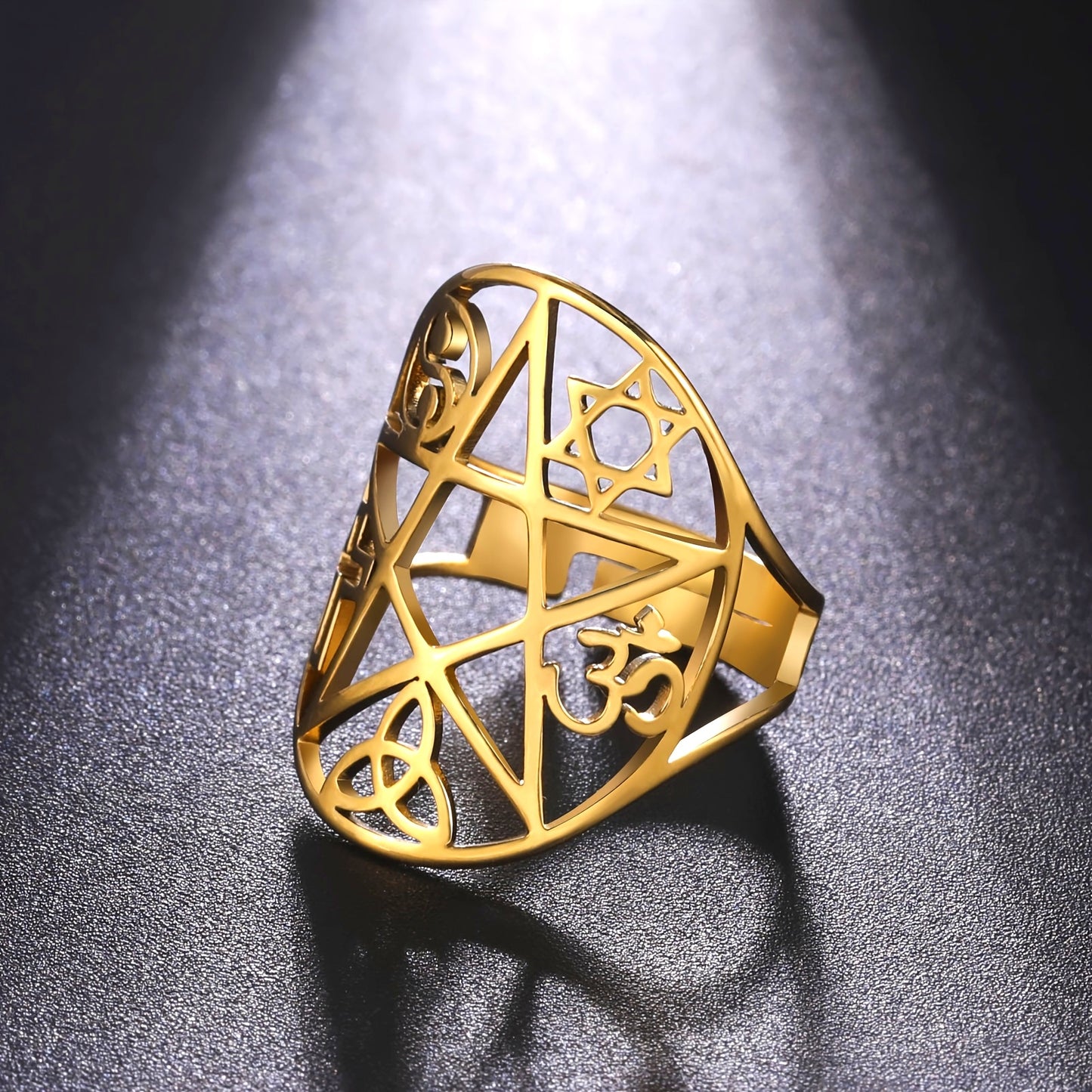 Boho Style Stainless Steel Ring, Women's Men's Pentagram & Celtic Knot Protection Signet, Triangular Cross Spiral Charm, Irish Jewelry Gift