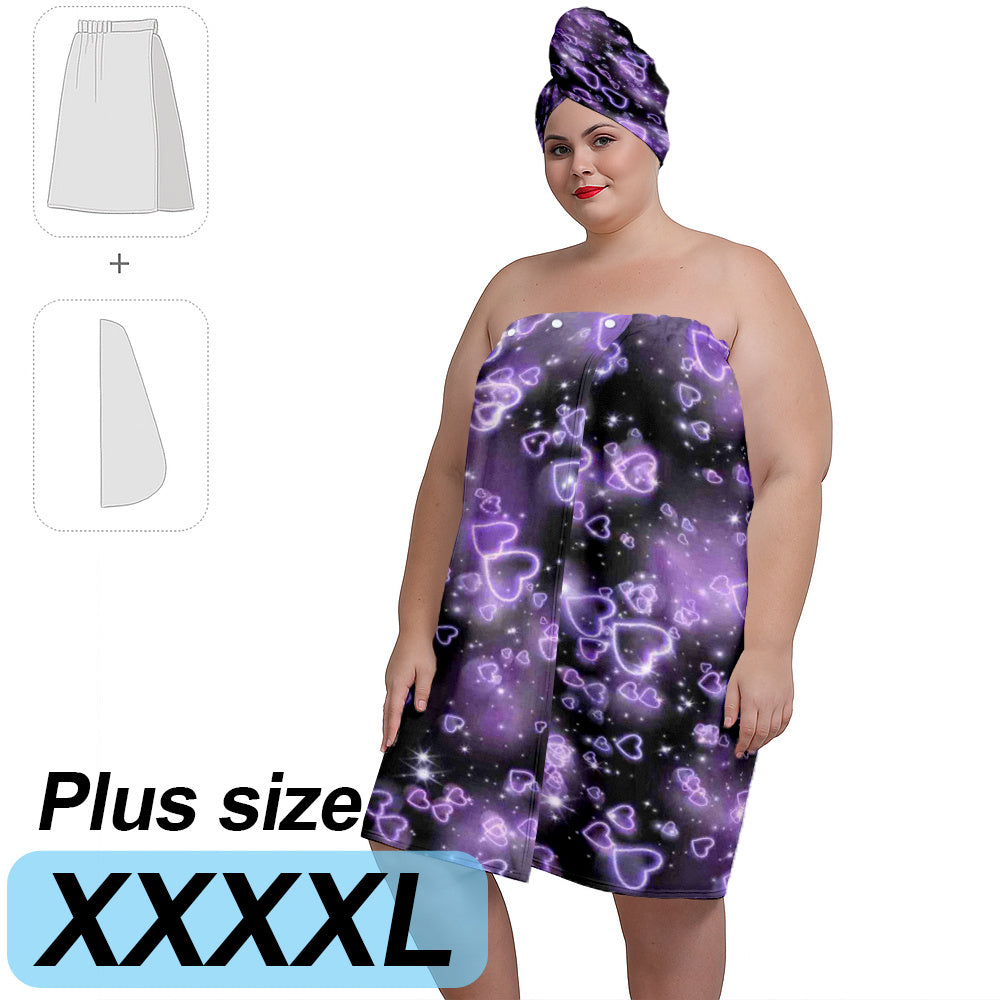 2 PCS Set Hair Turban +  S-4X Large Bathrobe with Purple Heart Pattern, Featuring a Dreamy Romantic Style Matching Headscarf, Soft, Comfortable and Soft for Bathing, Women's Wearable Bathrobe Towel