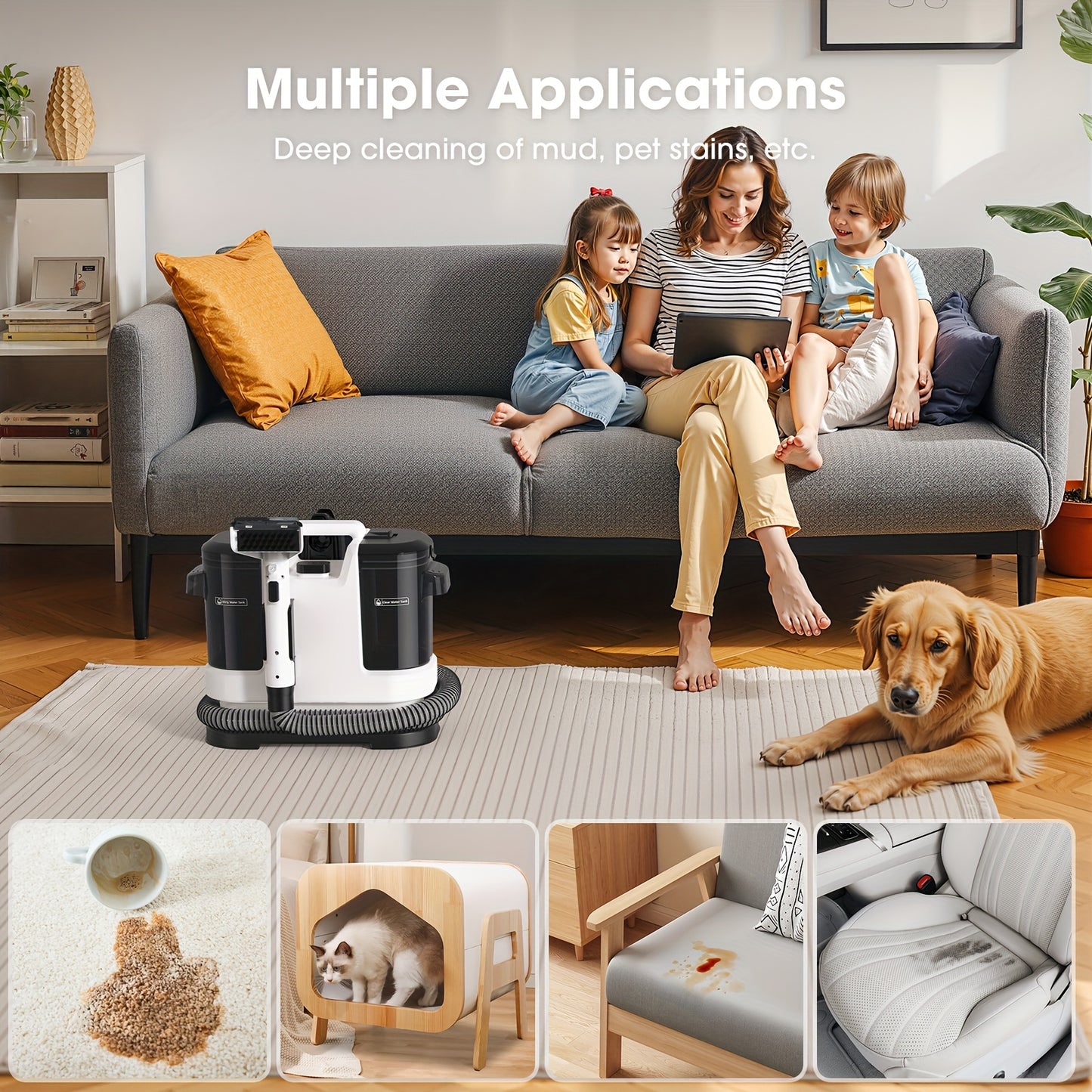 NEW Set Portable Instant Heated Function Washing Vacuum Cleaner, Upholstery Spot Cleaner, 20Kpa Multifunctional Handheld Vacuum Cleaner, High Power Carpet Cleaner Machine, Stain Removal, Fabric Washing, for Pets, Stairs, Car
