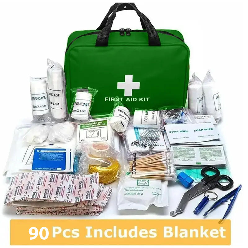 90 PCS Set First Aid Kit refill Bag Emergency Survival kit Includes Eyewash Ice Packs Emergency Blanket Plasters Eye Pads Eye Wash Bandages Essentials for Travel Camping Beach Car Home Office Work Place Garage