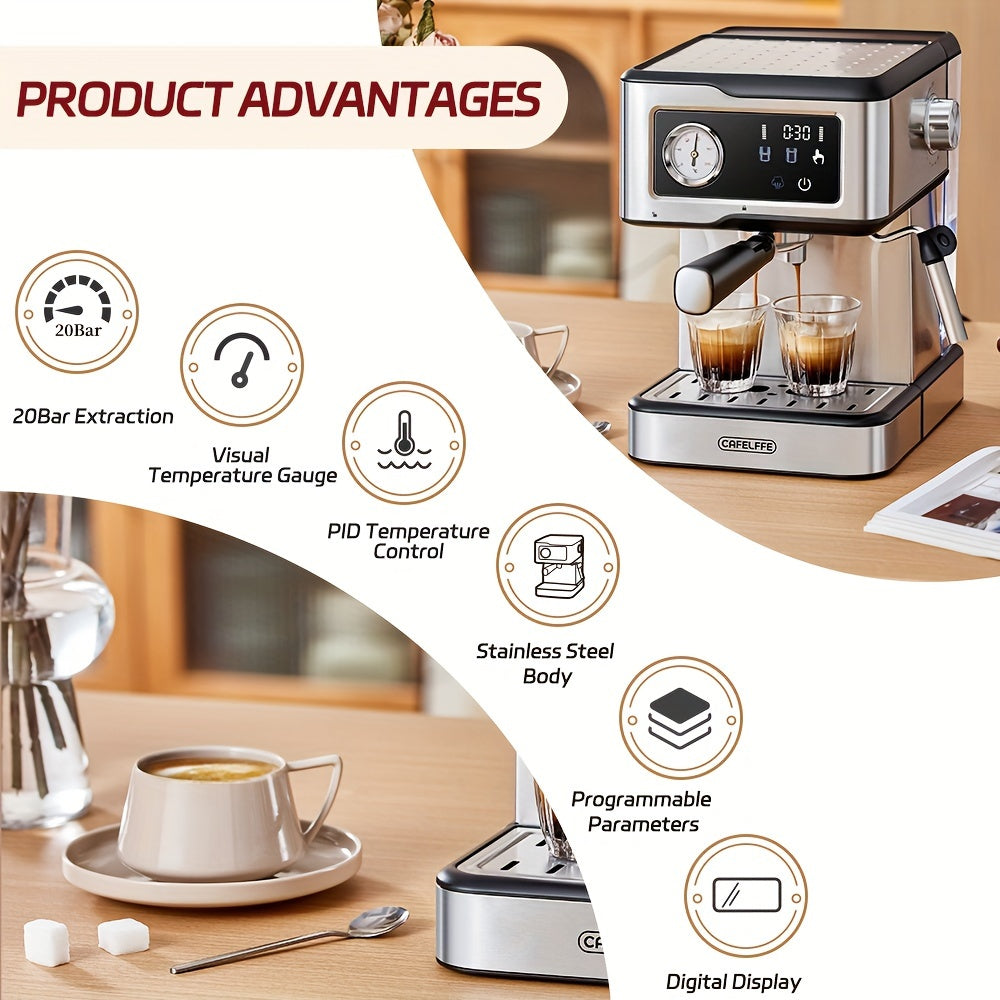 Italian Semi-Automatic Espresso Machine with Built-in Milk Frother & Steam Wand, 20 Bar Pump Stainless Steel Coffee Maker for Latte, Cappuccino, Americano, 1.5L Detachable Water Tank, Smart Touch Panel, Programmable Settings,