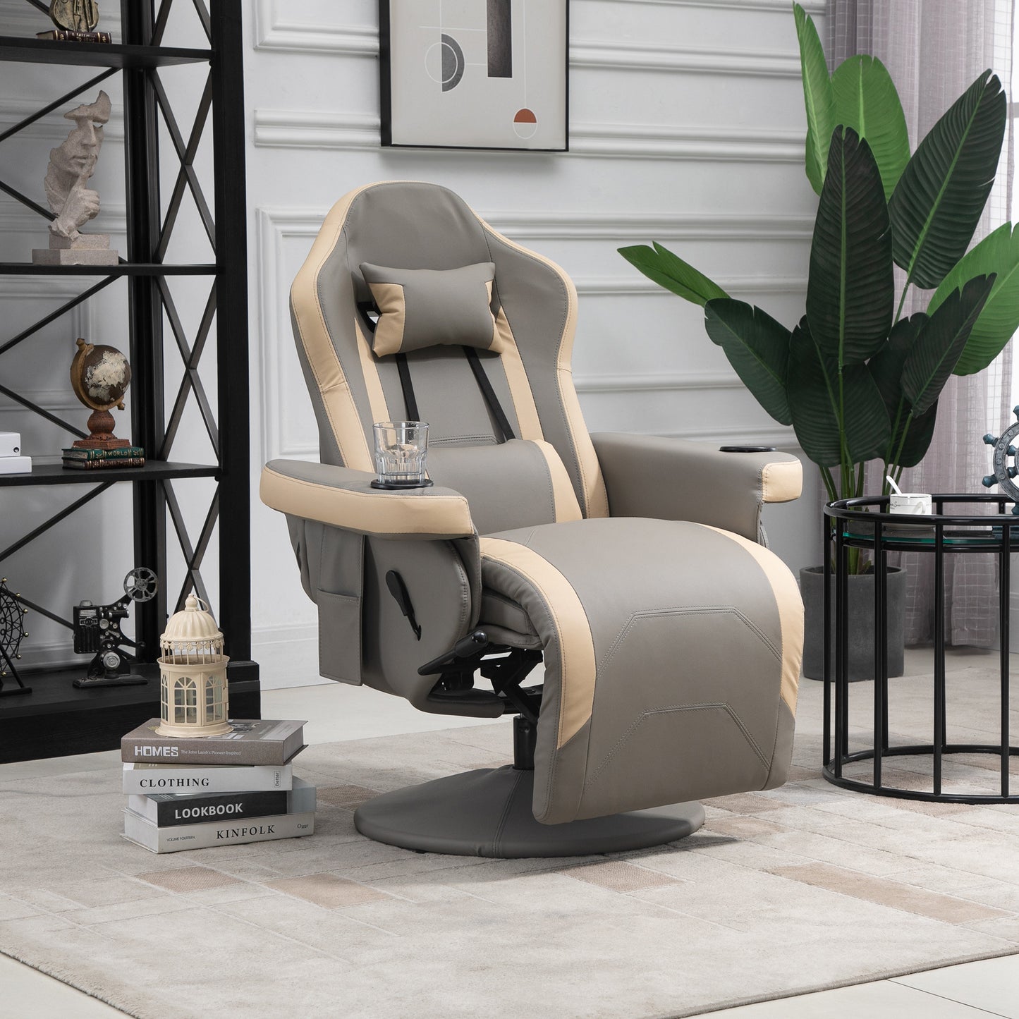 Manual Reclining Gaming Chair, Swivel Racing Video Gaming Recliner with Footrest, Headrest and Cup Holder, PU Leather Armchair with Storage Pocket, Grey