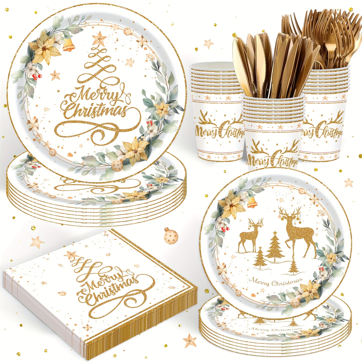 80pcs White Golden Christmas Theme Party Tableware Set, Parties Supplies, Holiday Decorations, Happy Xmas! Christmas