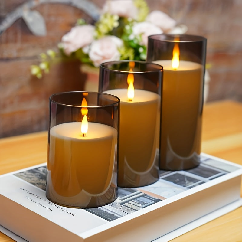 3 PCS Set 3D Wicking Flameless Column LED Candles with Remote Timer, Battery Powered 3pcs White Real Wax Candles Set with Realistic Flickering Flames for Night Bed Party, Wedding, and Home Decoration