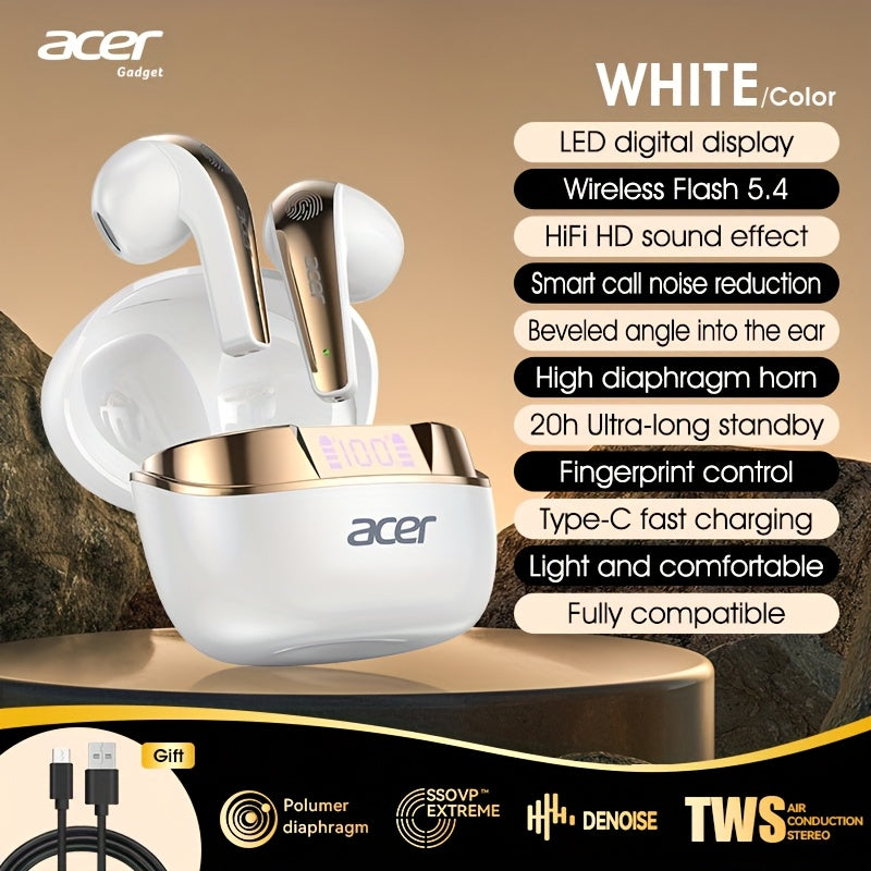 [ Original Genuine Acer Brand]  Wireless Earphones, Charging Case Hi-Fi High-Definition Decoding, 3D Surround Sound, Large Diaphragm Bass Enhancement, LED Digital Display, Call Noise Reduction, 20h Long Standby, Comfortable I