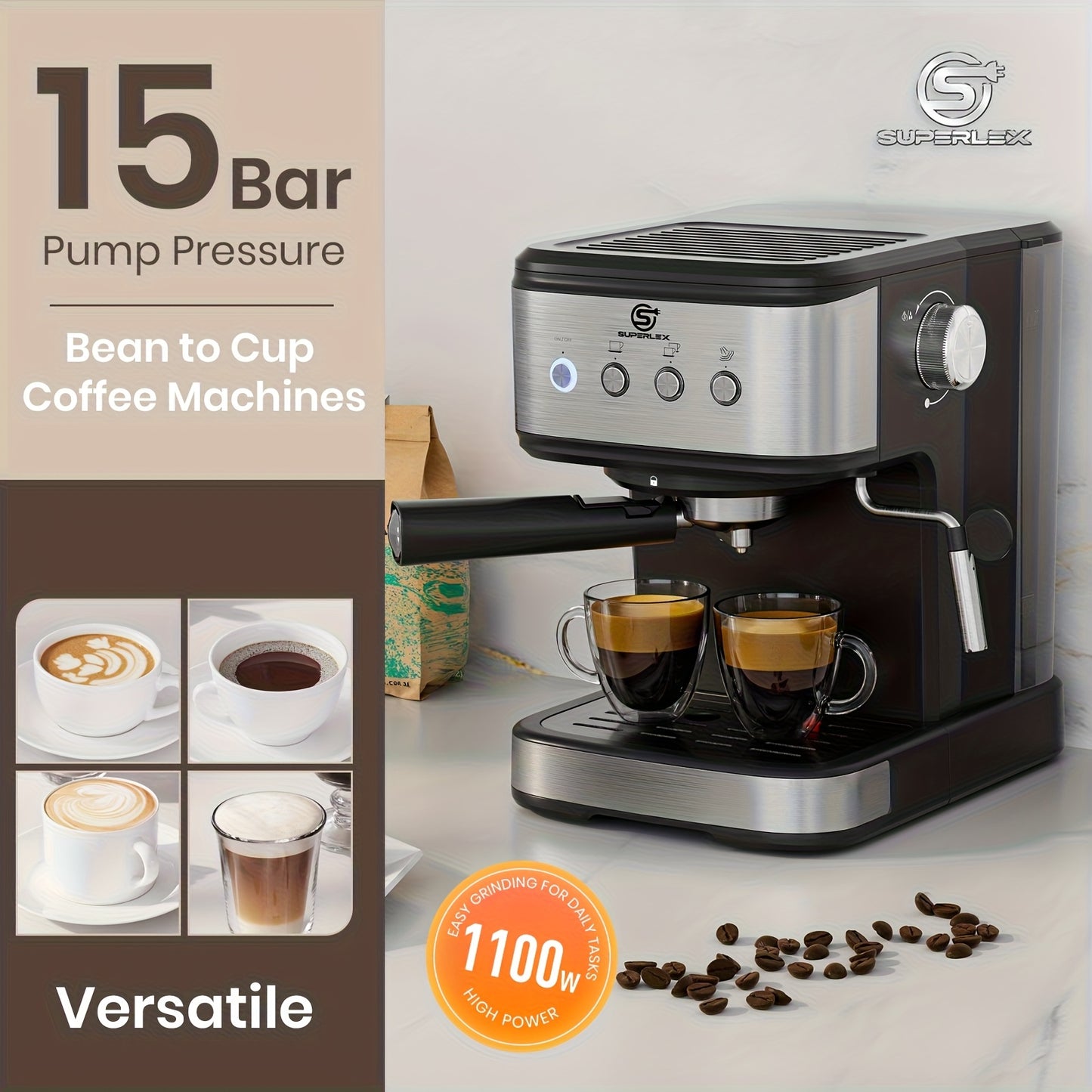 15 Bar E-Pressure Coffee Maker with Milk Frother | 1.5L Water Tank, Die Cast Alloy Boiler, Dual Filters, Professional Cappuccino Latte Machine for Home and Office, 220V-240V, British Specification Plug