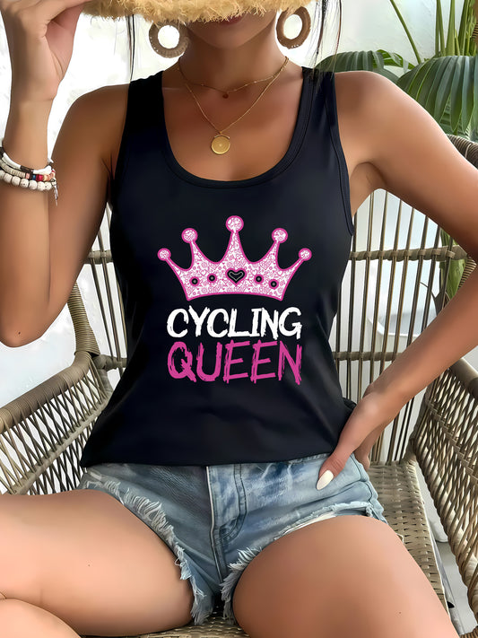 For Big Girls XL-5XL UK(18-26) Plus Size, Curvy Women's Oversized Sleeveless Cycling Queen Graphic Tank Top - Black with Pink Crown & Lettering, Soft Round Neck Casual Shirt for Cycling Enthusiasts, Machine Washable All-Seaso