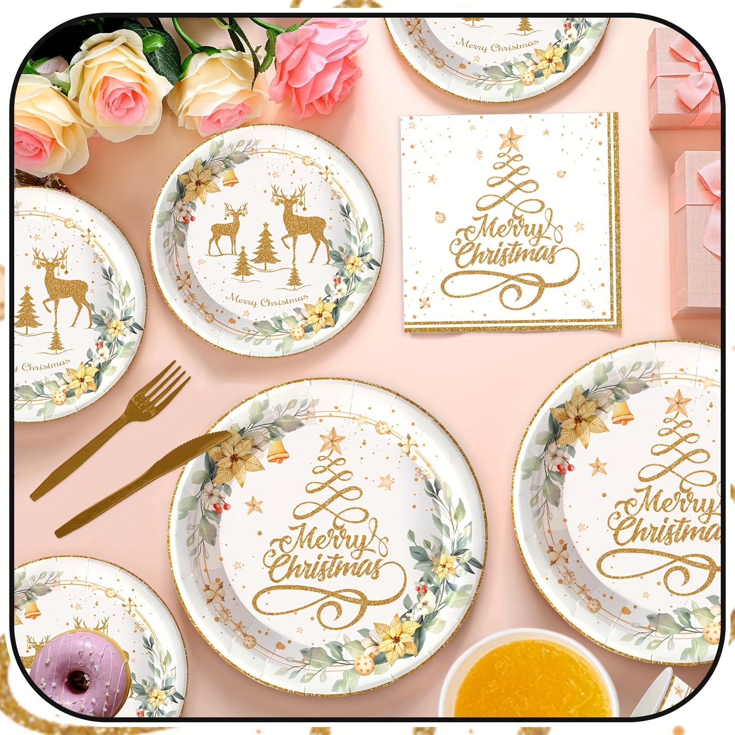 80pcs White Golden Christmas Theme Party Tableware Set, Parties Supplies, Holiday Decorations, Happy Xmas! Christmas